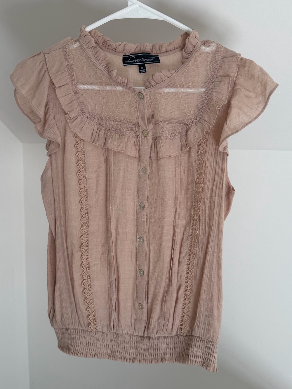 Love University Blush Pink Ruffle Button-Front Women's Top size M